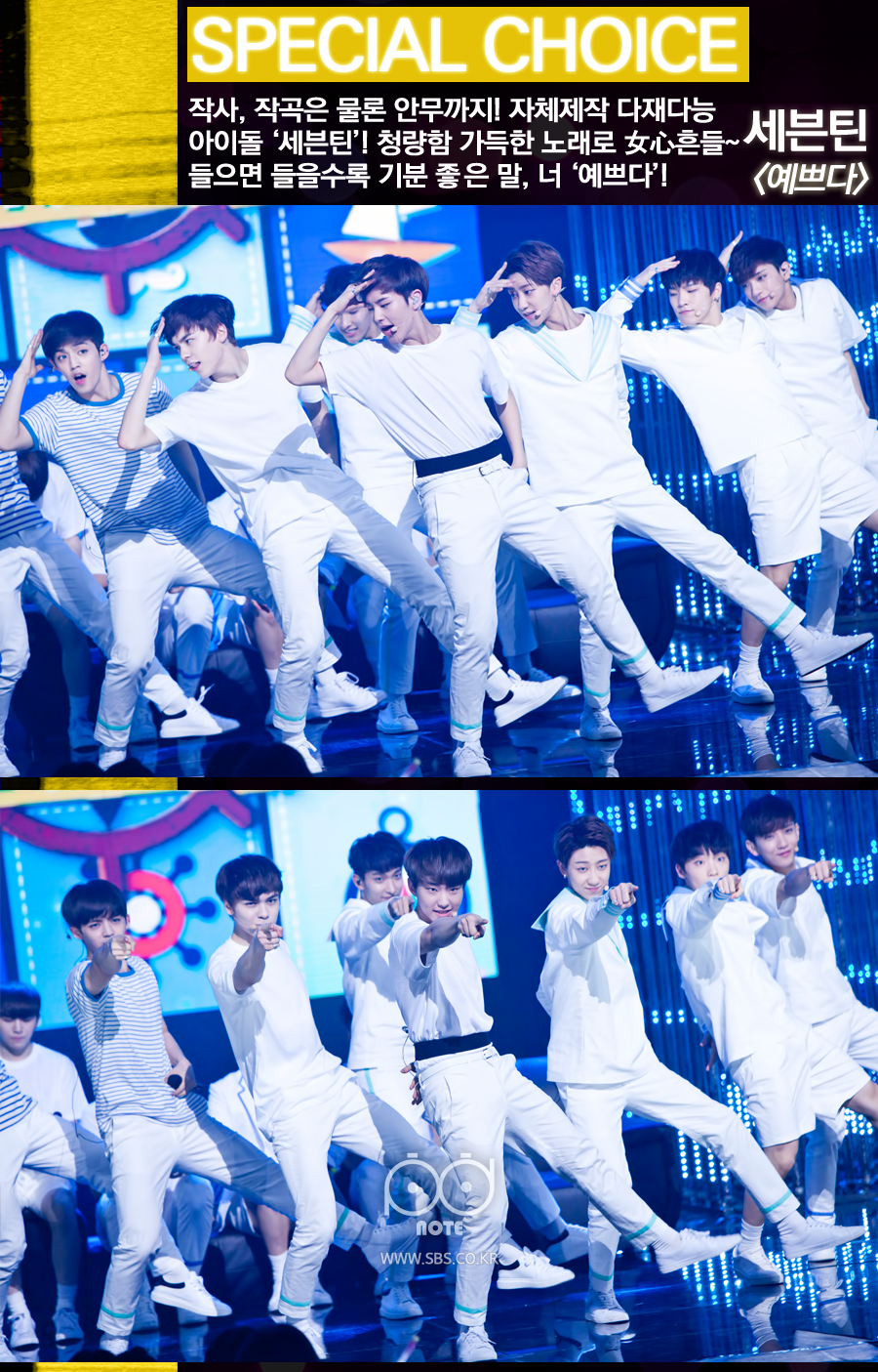 스페셜 초이스. 작사 작곡은 물론 안무까지 자체제작 다재다능 아이돌 세븐틴. 청량한 가득한 노래로 여심을 흔들. 예쁘다. 멤버 단체 사진.