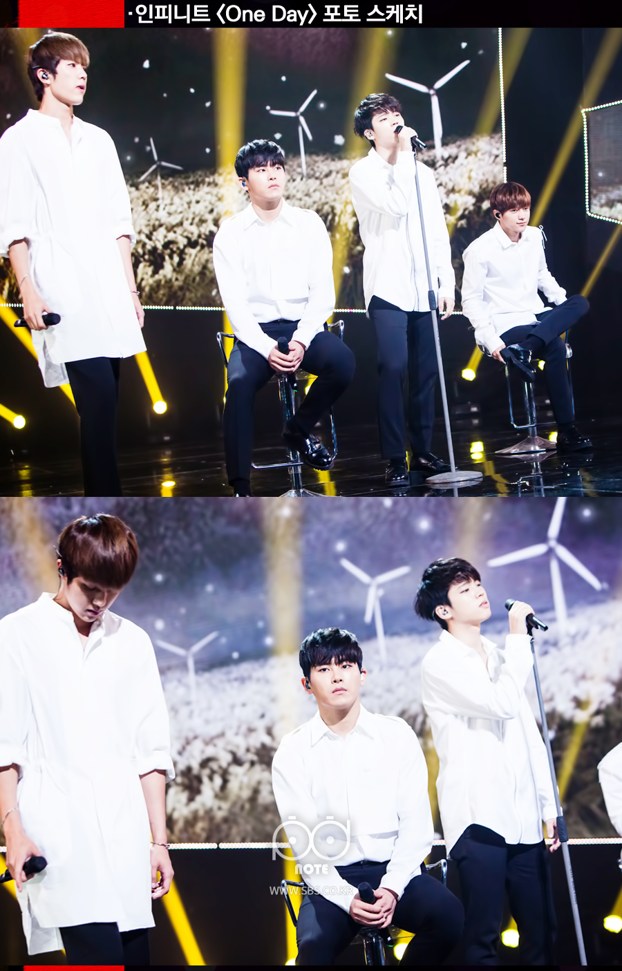 인피니트 One Day 포토 스케치. 진지한 분위기로 노래에 집중하는 인피니트 멤버들의 모습.