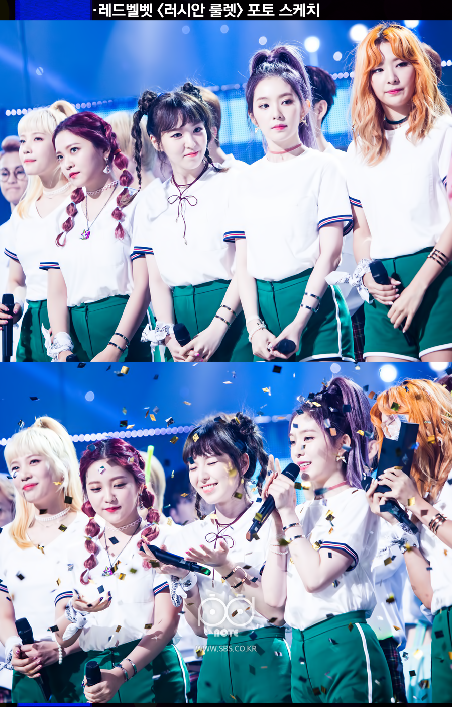 레드벨벳 러시안 룰렛 포토 스케치. 상단 이미지는 1위 발표를 기다리는 멤버들. 하단 이미지는 1위 수상 후 기쁨을 나누고 있는 멤버들.