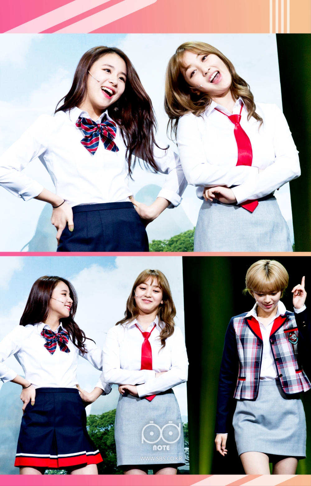 채영과 지효 팔짱 끼고 뭔가 보여주려는 듯한 정연이의 이미지.