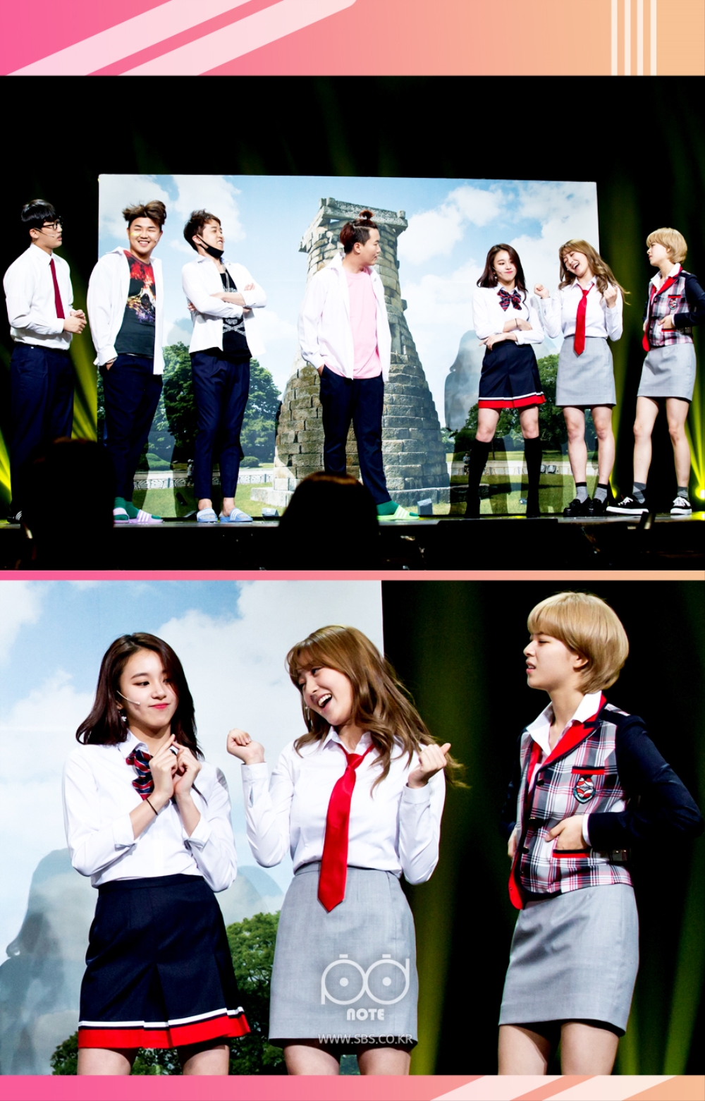 껄렁껄렁한 포즈로 남학생들에게 당당하게 뭔가 설명하는 이미지.