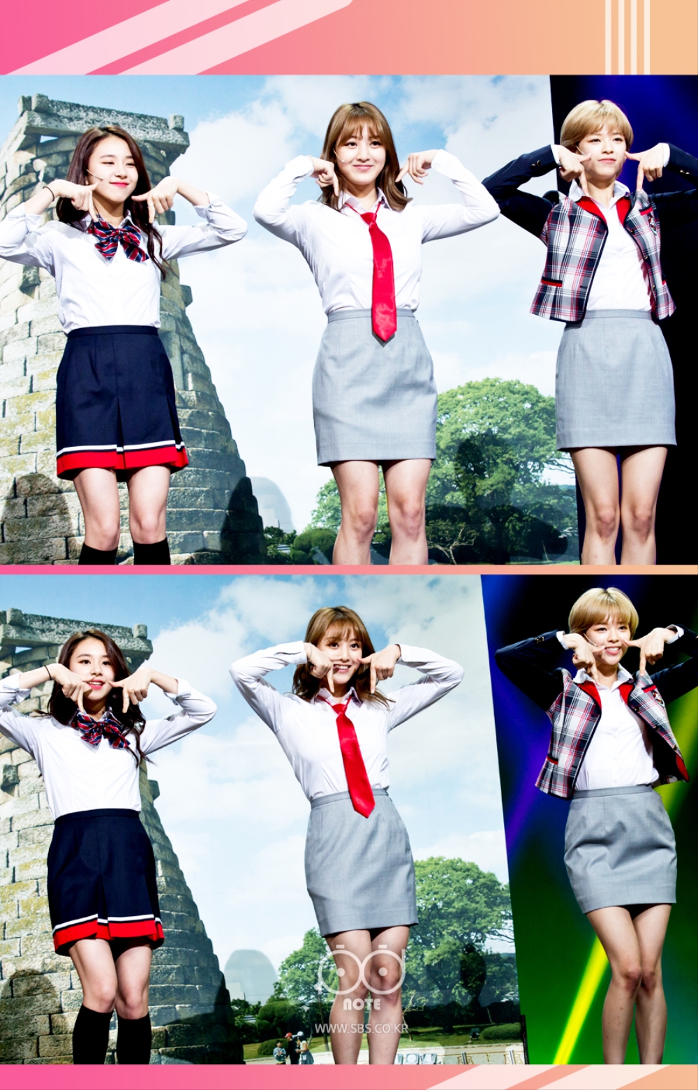 트와이스 신곡인 TT 노래 안무 댄스를 선보이는 채영과 지효, 정연이 이미지.