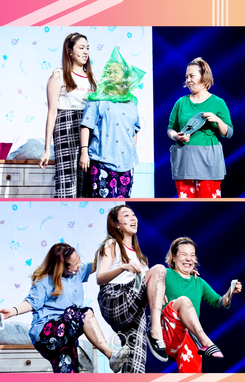 홍현희,이은형,고은영 (개그맨) 여자분들이 환상 속을 깬 여자들의 실체를 보여주는 이미지. 비닐봉투를 머리에 쓰고 다리털 제모를 하는 이미지.