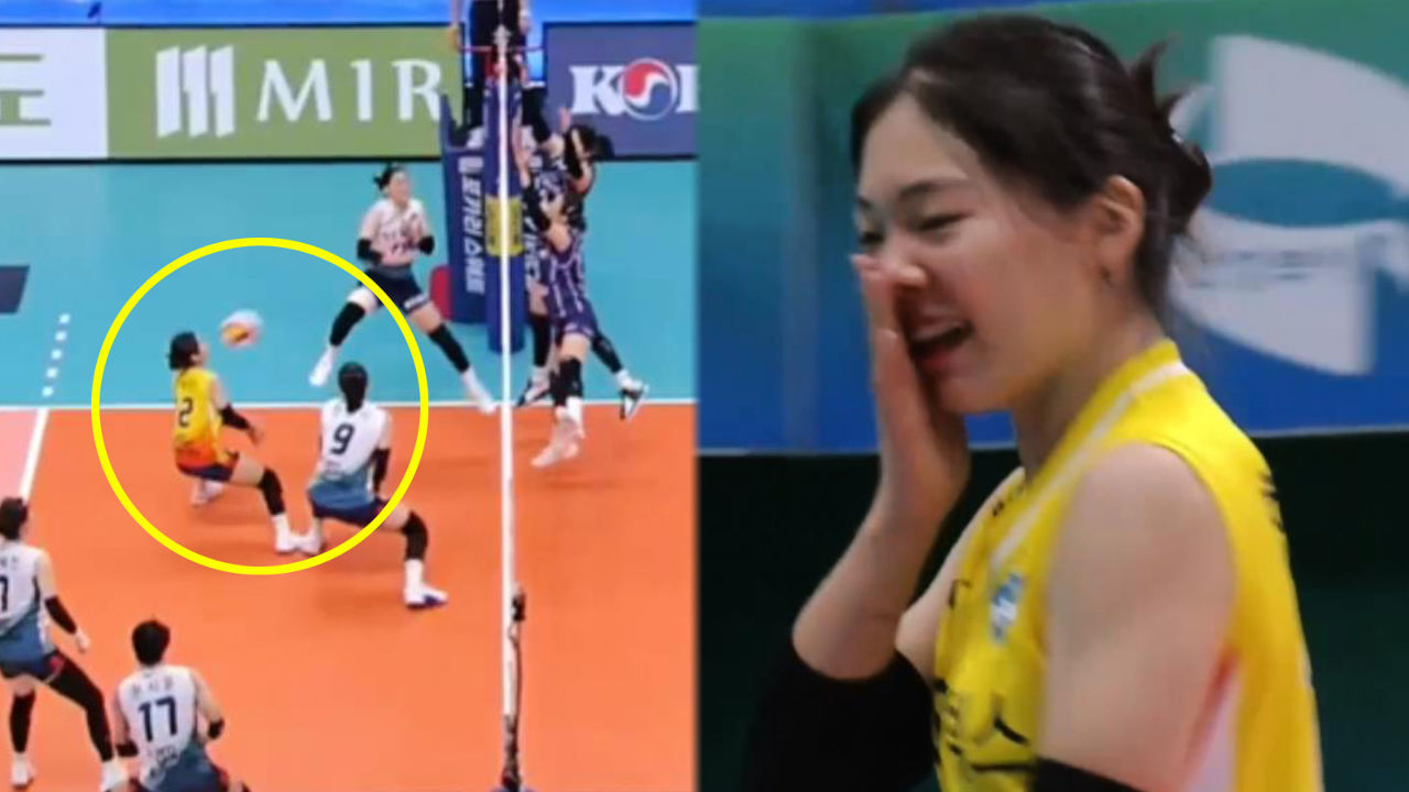 블로킹된 공을 제대로 얼굴에 맞는 한수진 [한국도로공사 vs GS칼텍스] 썸네일