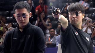 금메달 결정 슛오프로 가는 중국의 수렌보판-이건혁  [사격 남자 25m 속사 권총]